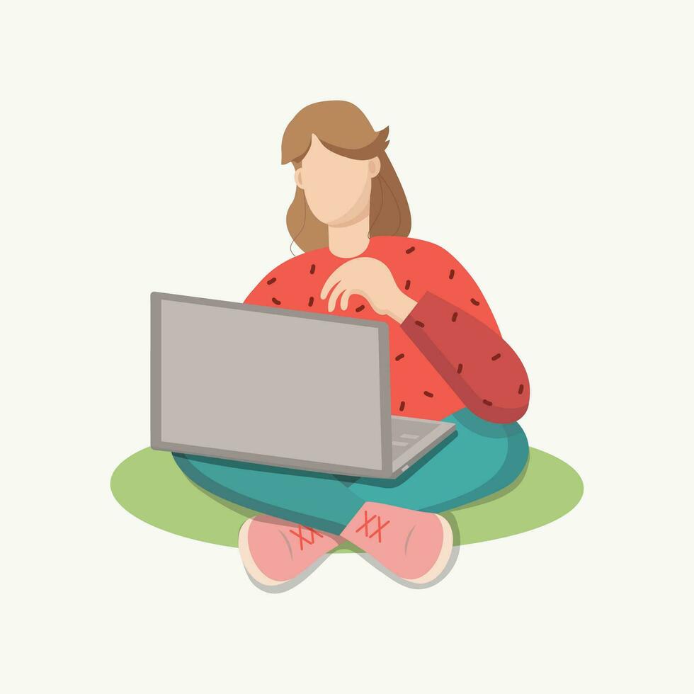 Girl, young woman with laptop. Laptop, personal computer. Work, communication on the Internet vector