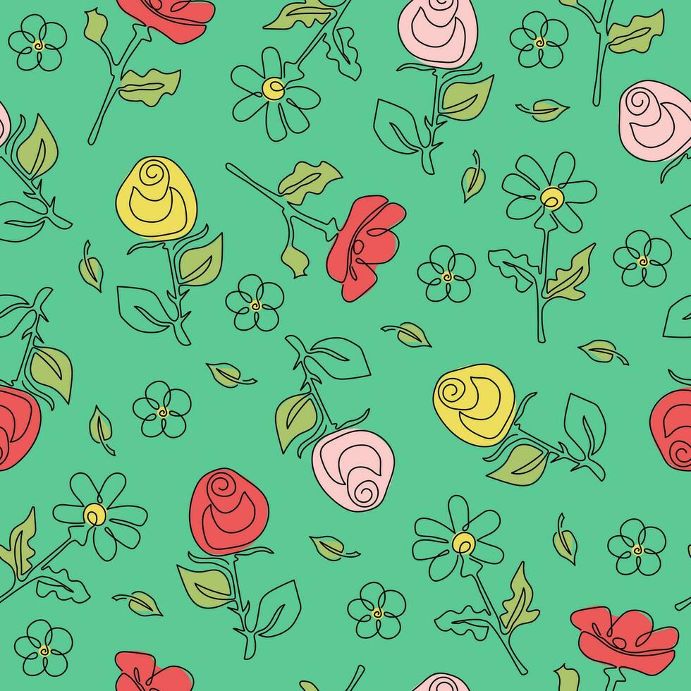 flor modelo línea Arte. rosas, amapolas y margaritas, contorno dibujos en un verde antecedentes. vector