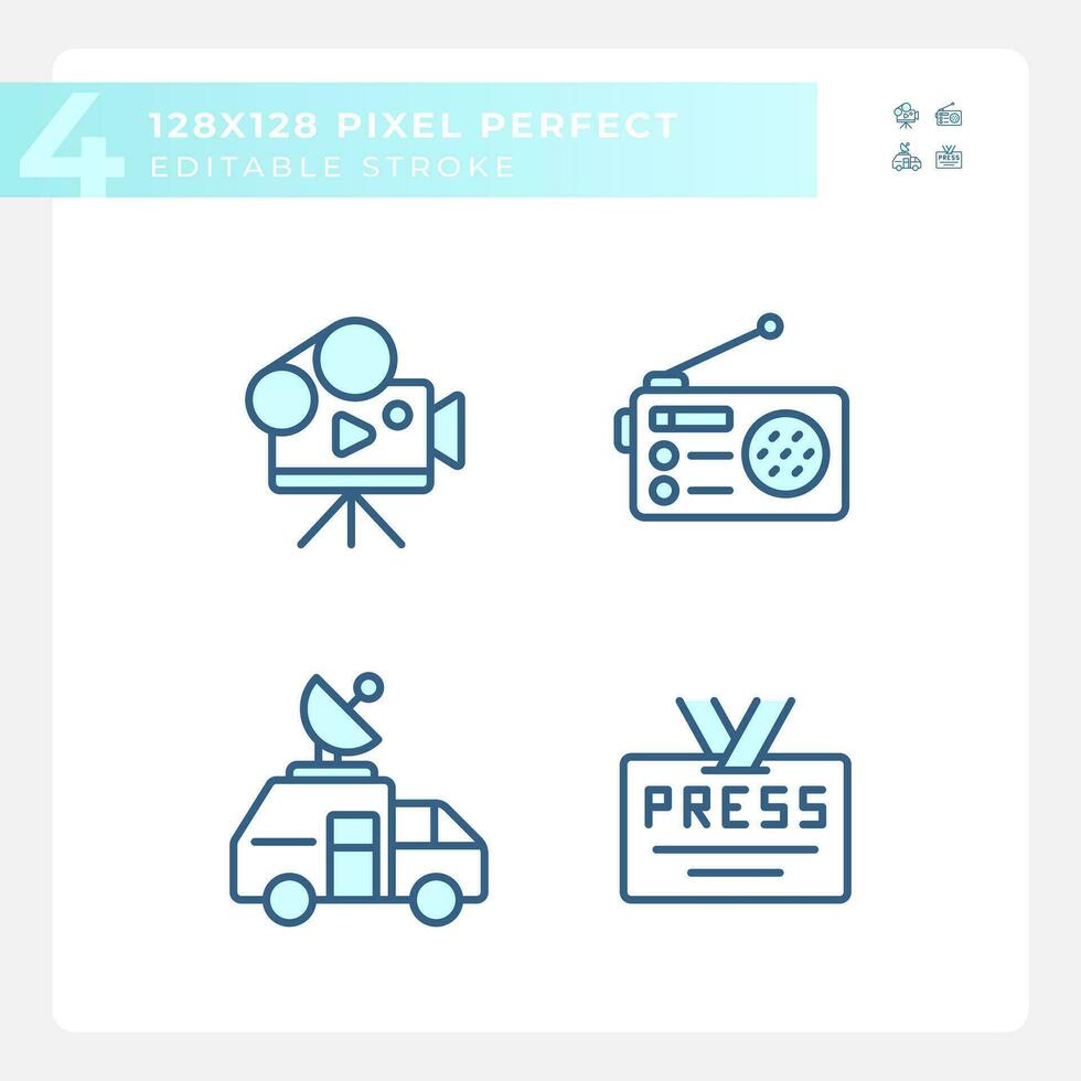 Pixel perfect blue icons set representing journalism, editable thin line illustration. vector