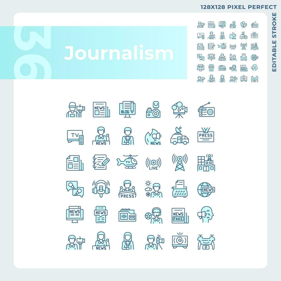 Pixel perfect blue icons set representing journalism, editable thin line illustration. vector