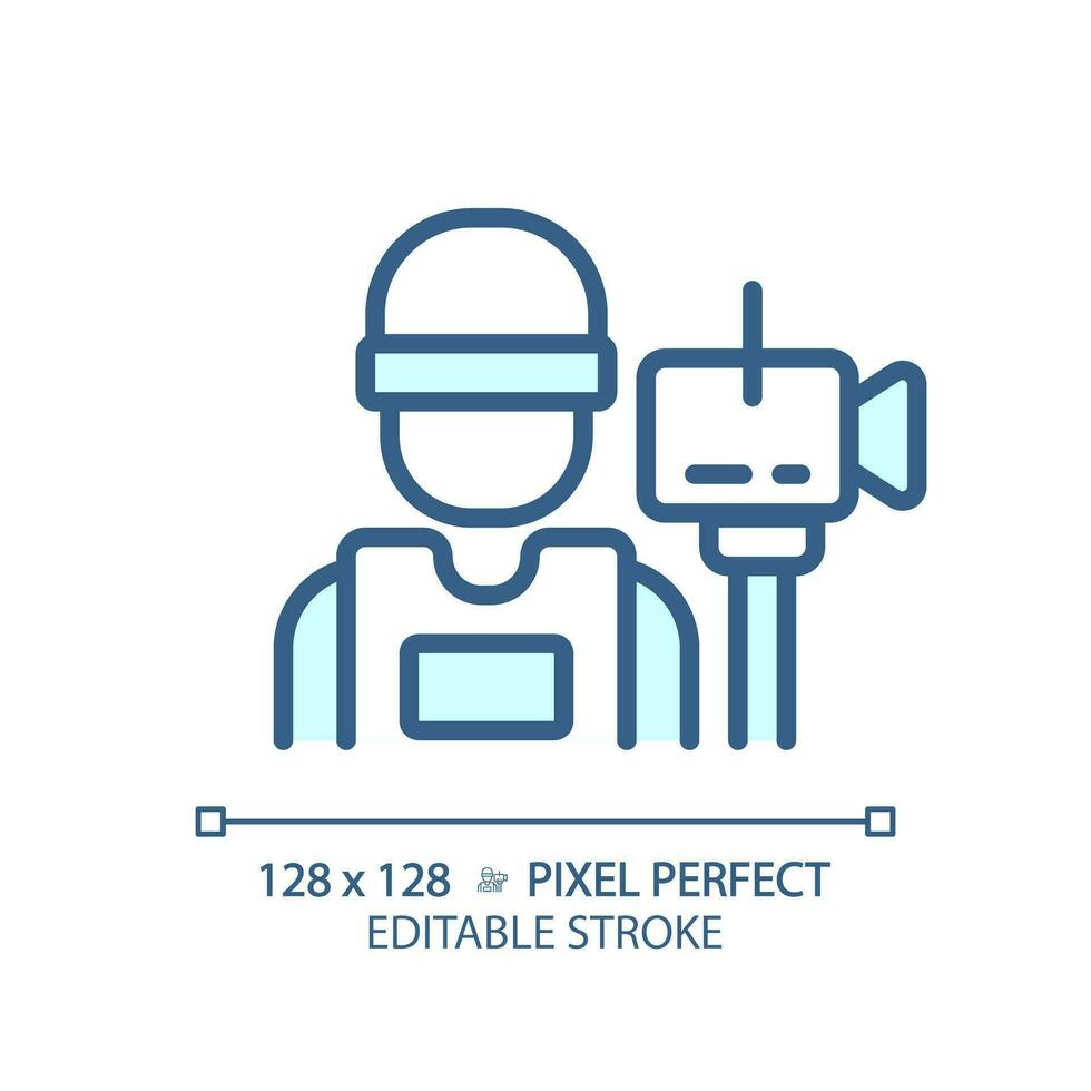 2D pixel perfect editable blue cameraman icon, isolated vector, thin line illustration representing journalism. vector
