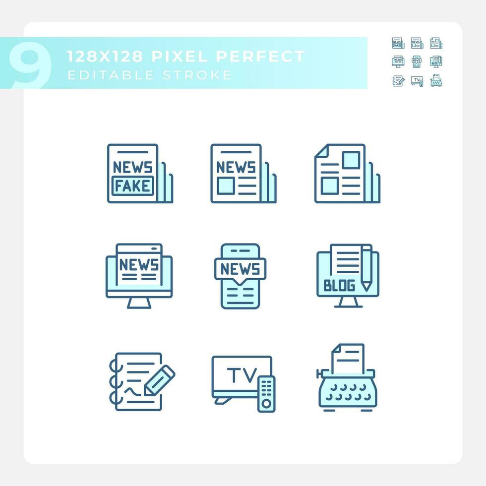 2D pixel perfect blue icons set representing journalism, editable thin line illustration. vector