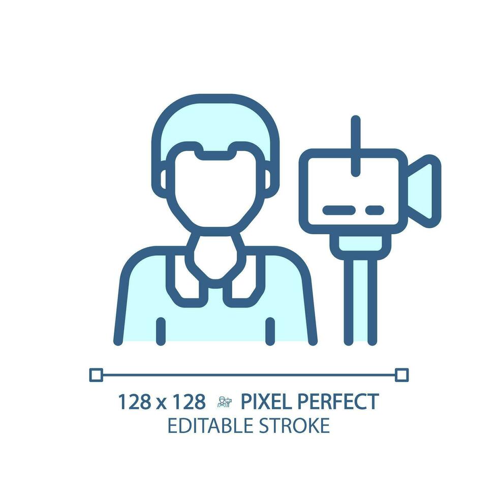 2D pixel perfect editable blue cameraman icon, isolated vector, thin line illustration representing journalism. vector