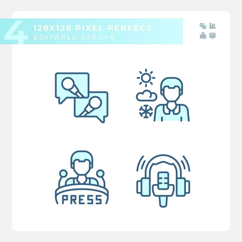 2D pixel perfect blue icons set representing journalism, editable thin linear illustration. vector