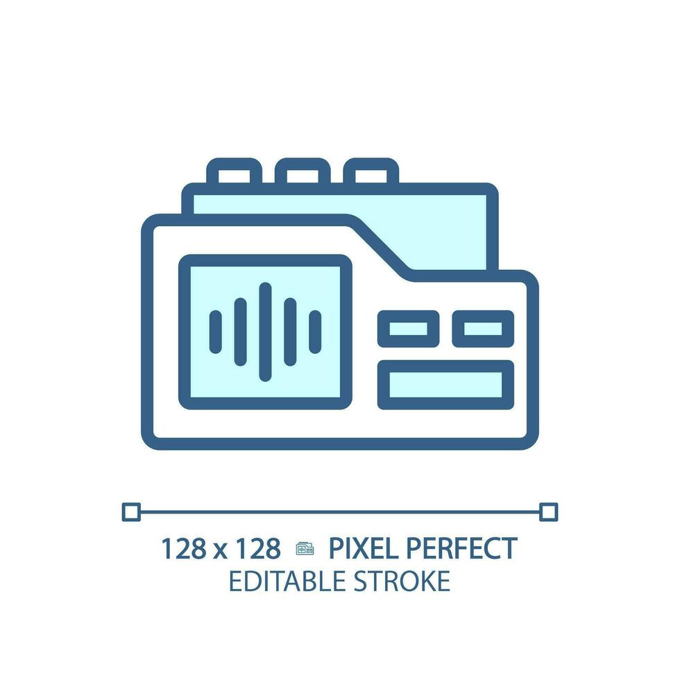 2D pixel perfect editable blue voice recorder icon, isolated vector, thin line illustration representing journalism. vector