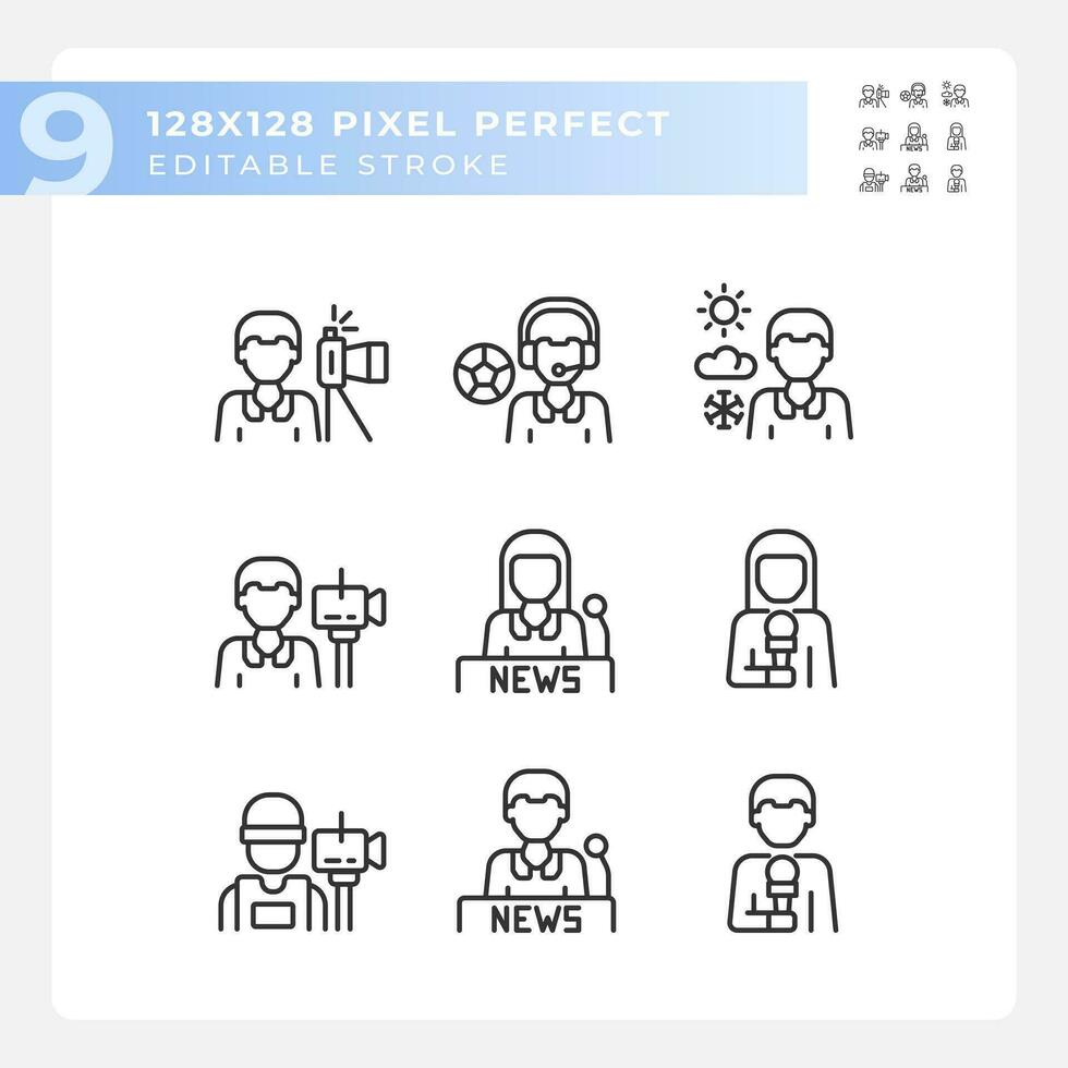Pixel perfect icons set representing journalism, editable black thin line illustration. vector
