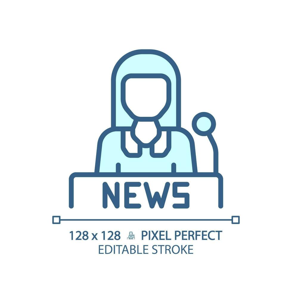 2D pixel perfect editable blue female newscaster icon, isolated vector, thin line illustration representing journalism. vector