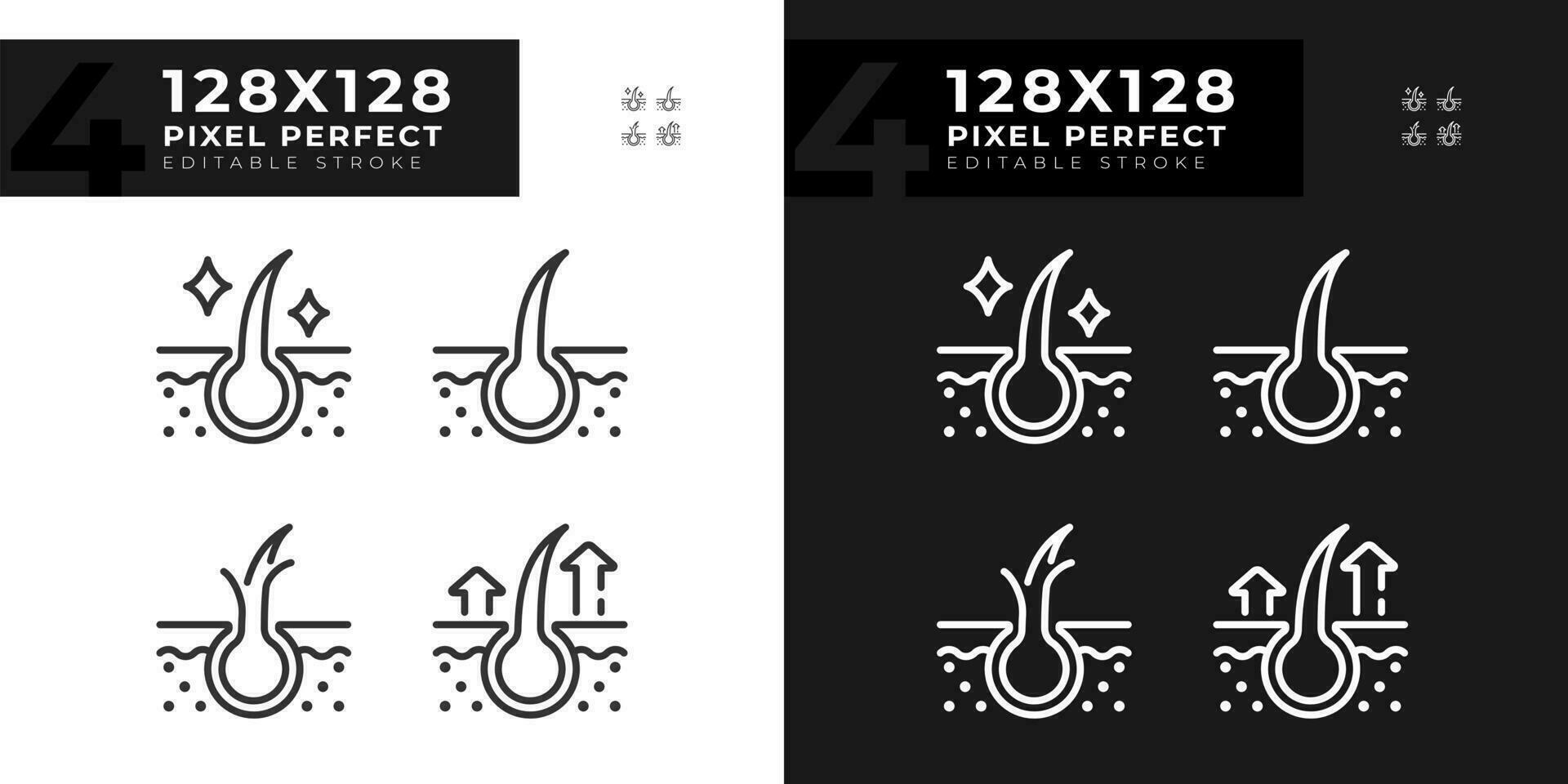 2D pixel perfect dark and light icons set representing haircare, editable thin line illustration. vector