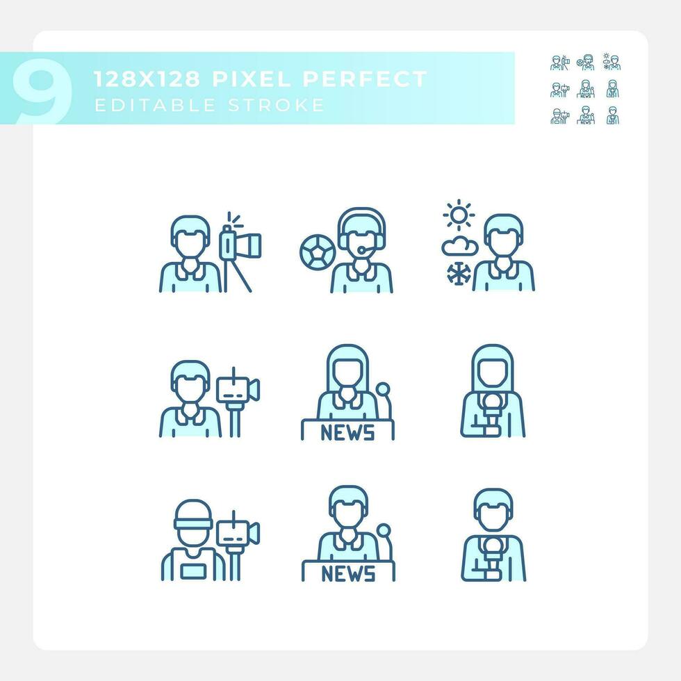 Pixel perfect icons set representing journalism, editable blue thin line illustration. vector