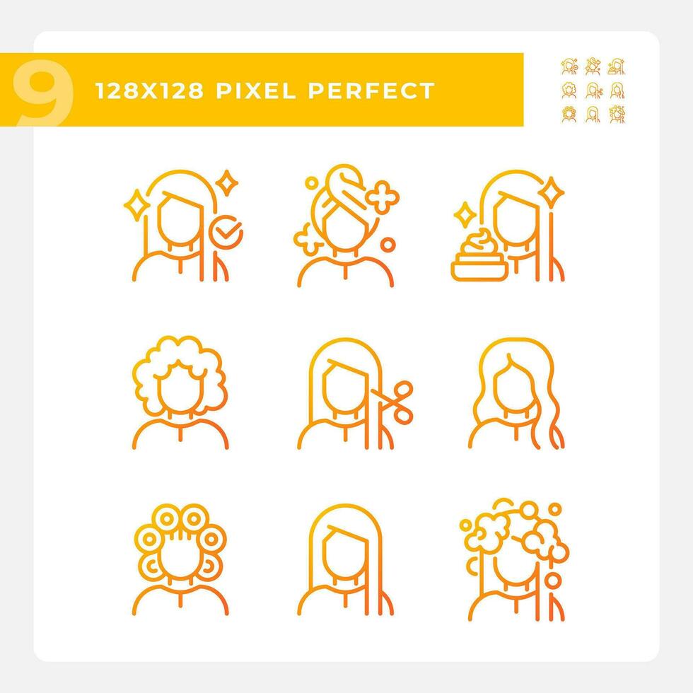 Pixel perfect gradient icons representing haircare, thin linear orange illustration set. vector