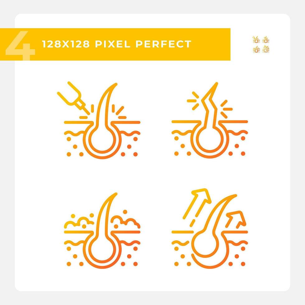 Pixel perfect gradient icons set representing haircare, thin line orange illustration. vector