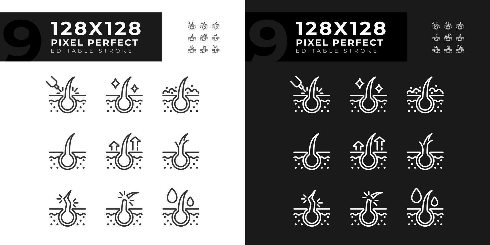 2D pixel perfect dark and light icons set representing haircare, editable thin line illustration. vector