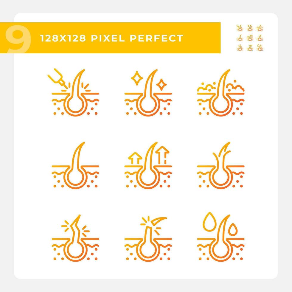 2D pixel perfect gradient icons set representing haircare, thin line orange illustration. vector