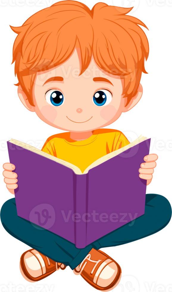 Cute boy reading a book clip art isolated on transparent background. Cartoon illustration AI generative png