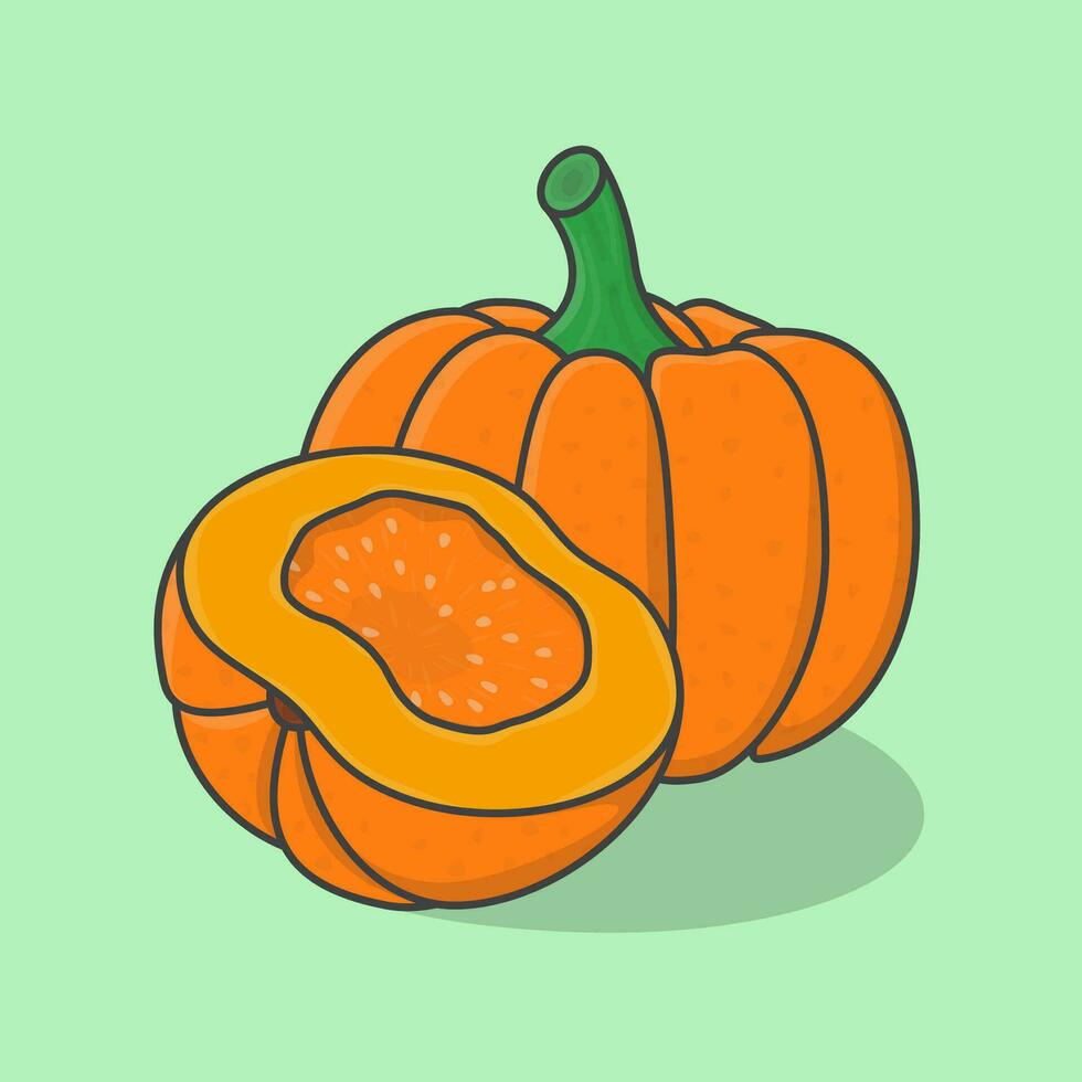 Slice And Whole Of Pumpkin Cartoon Vector Illustration. Fresh Pumpkin Flat Icon Outline