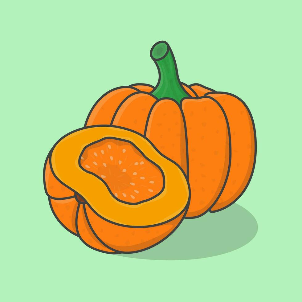 rebanada y todo de calabaza dibujos animados vector ilustración. Fresco calabaza plano icono contorno