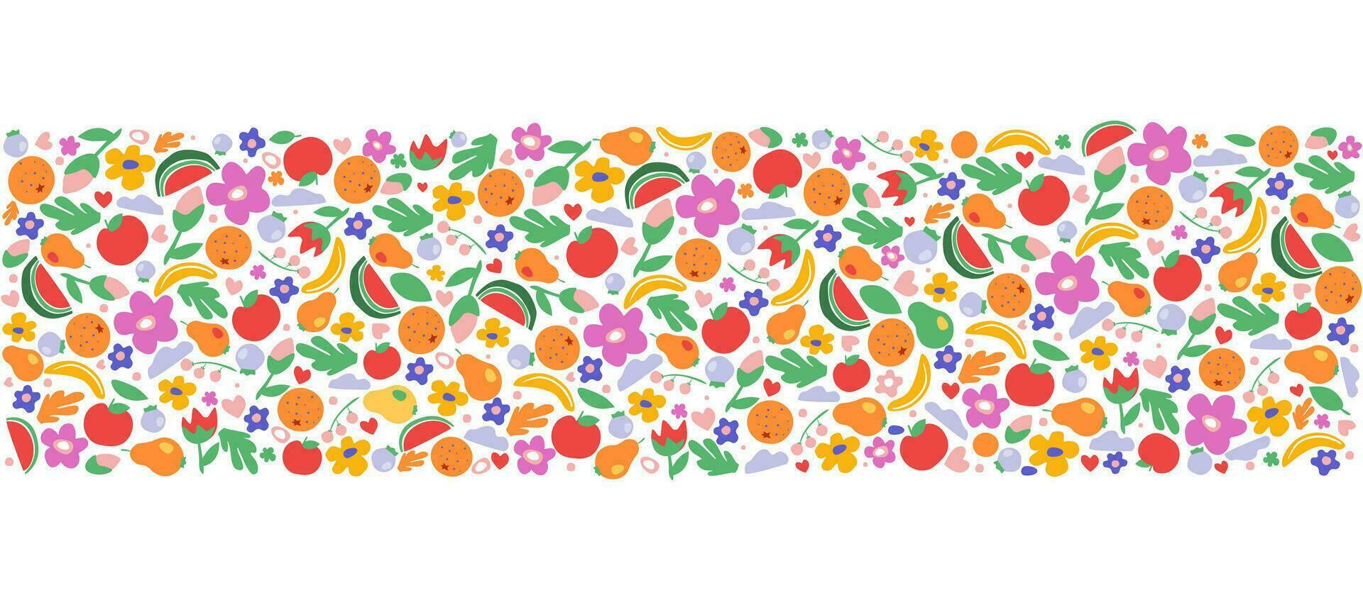 Horizontal ornament with different simple elements and shapes. Fruits, flowers, berries, plants in random order for summer print. Vector graphics.
