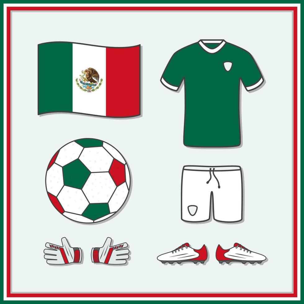 Mexico Football Cartoon Vector Illustration. Football Jersey And Football Ball Flat Icon Outline