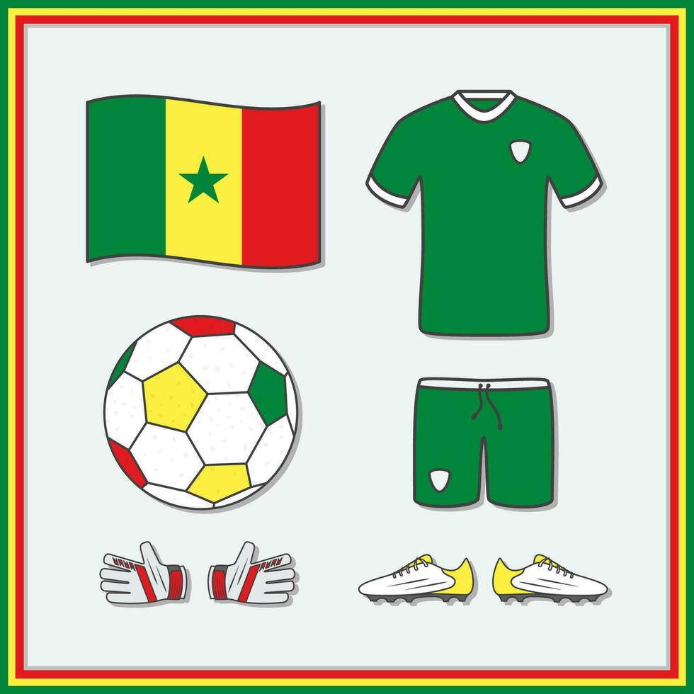 Senegal Football Cartoon Vector Illustration. Football Jersey And Football Ball Flat Icon Outline