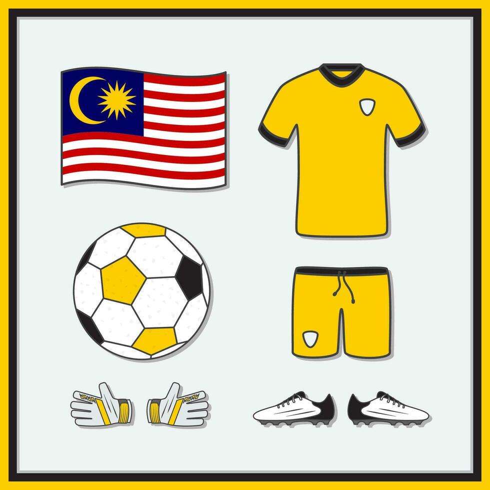 Malaysia Football Cartoon Vector Illustration. Football Jerseys And Football Ball Flat Icon Outline