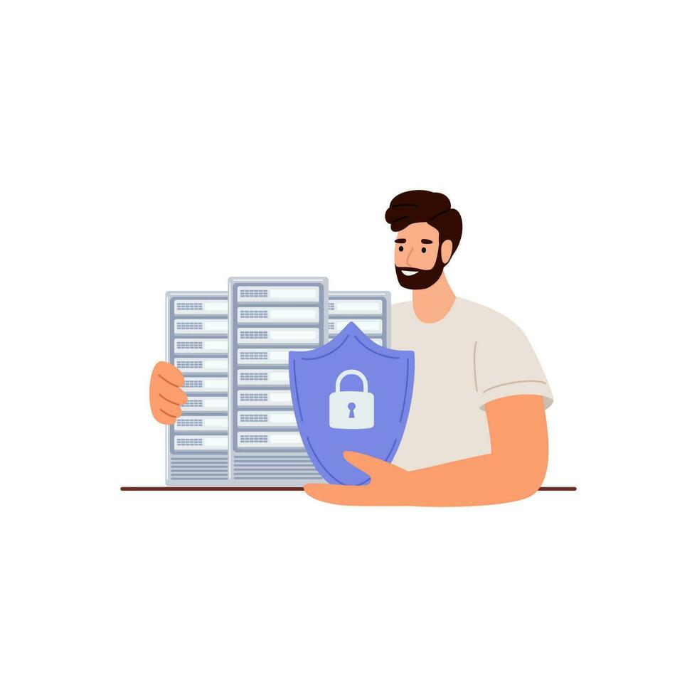 Data center concept. Cyber defender protects data. Vector illustration of Security, Personal Access, User Authorization, Internet and Data Protection, Cybersecurity.