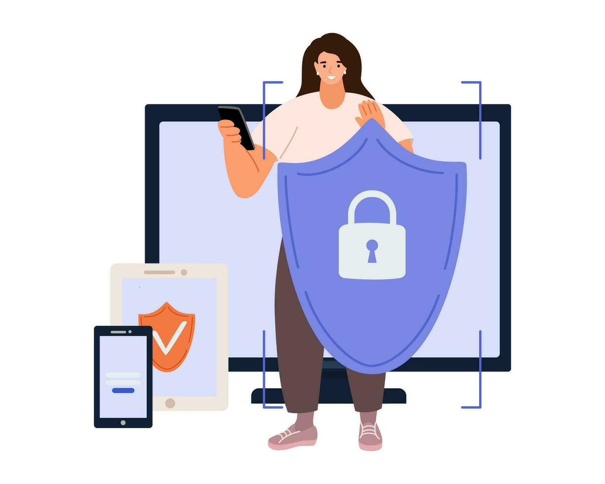 Cyber safety cyber security and privacy concept. Woman holding online protection shield as symbol of defense and secure. Person defending and protecting data. Vector illustration.