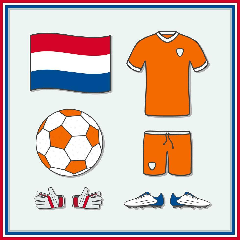 Netherlands Football Cartoon Vector Illustration. Football Jersey And Football Ball Flat Icon Outline