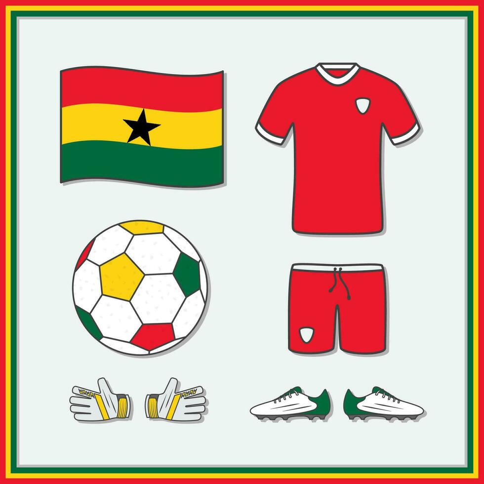 Ghana Football Cartoon Vector Illustration. Football Jersey And Football Ball Flat Icon Outline