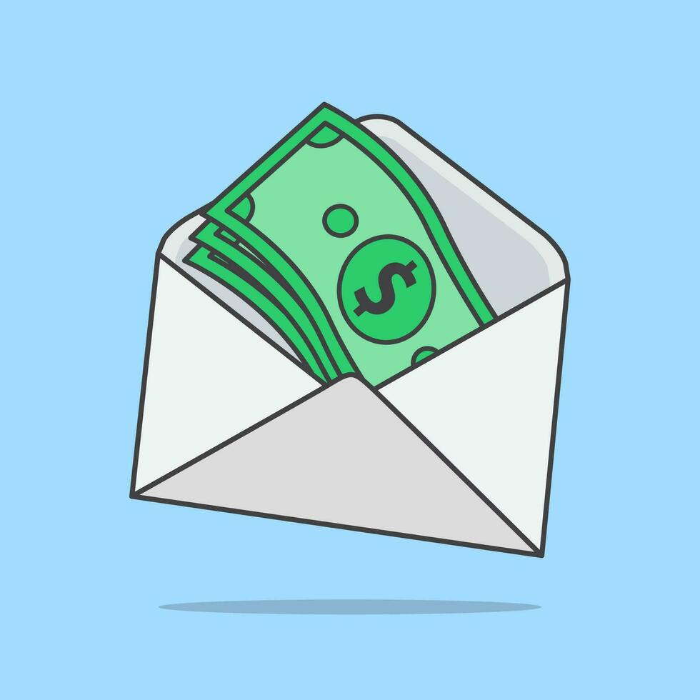 Opened Envelope With Money Vector Illustration. Dollar Bills. Salary, Earning And Savings Concept Flat Icon Outline