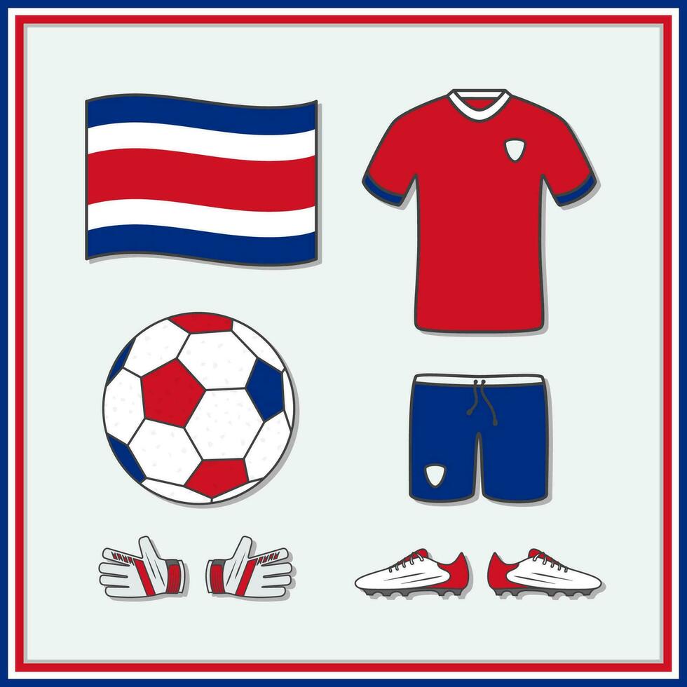 Costa Rica Football Cartoon Vector Illustration. Football Jersey And Football Ball Flat Icon Outline