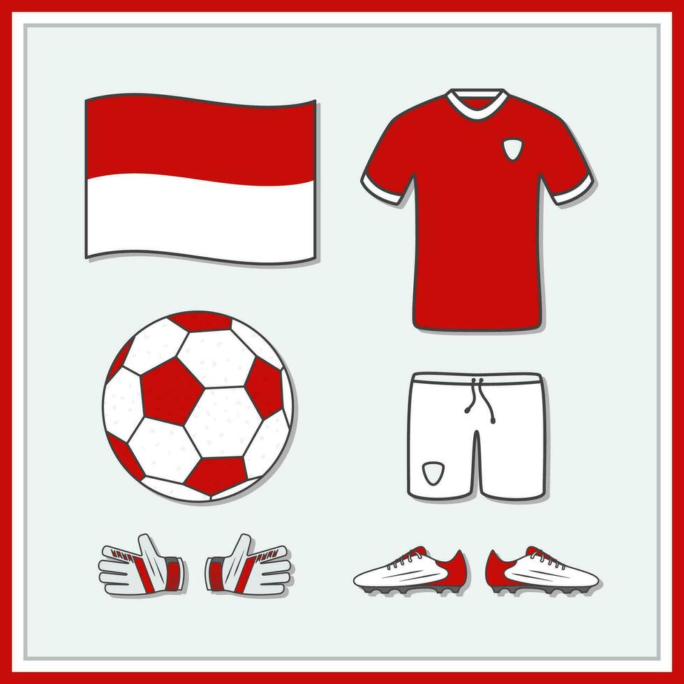 Indonesia Football Cartoon Vector Illustration. Football Jerseys And Football Ball Flat Icon Outline