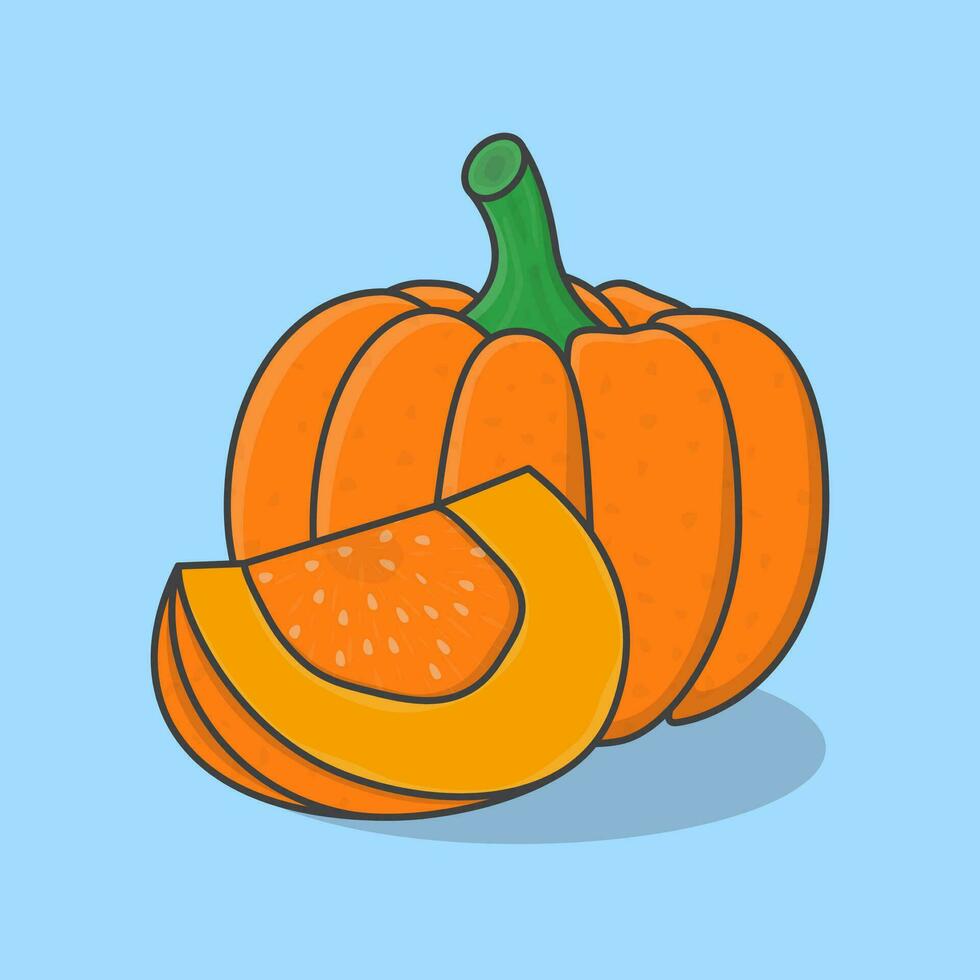 Fresco calabaza dibujos animados vector ilustración. rebanada y todo de calabaza plano icono contorno