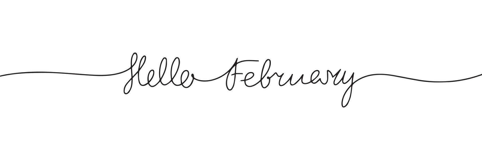 Hello February one line continuous text. Text banner winter. Line art winter short phrase handwriting monoline. Vector illustration.