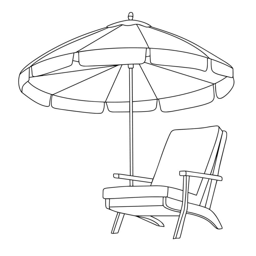 Beach umbrella and chair isolated on white background. Umbrella and chair in doodle style. Vector illustration.