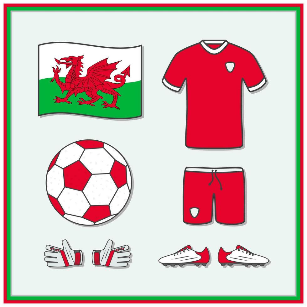 Wales Football Cartoon Vector Illustration. Football Jersey And Football Ball Flat Icon Outline