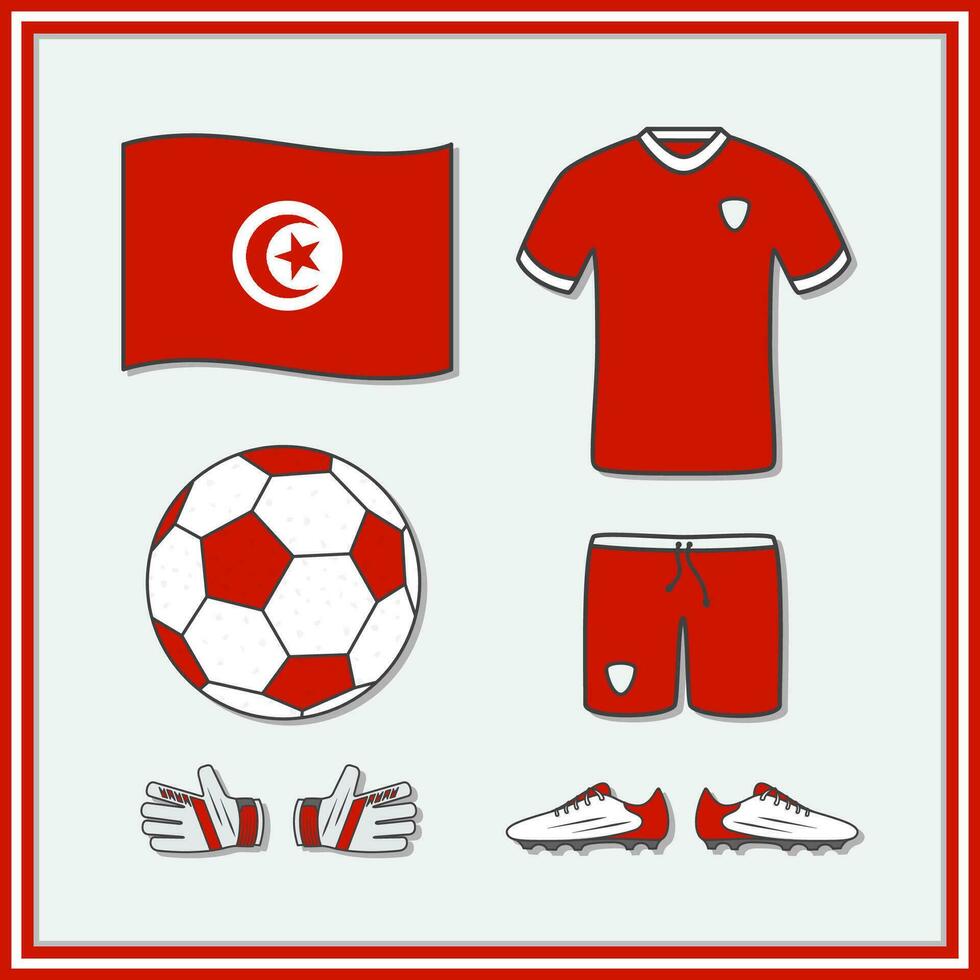 Tunisia Football Cartoon Vector Illustration. Football Jersey And Football Ball Flat Icon Outline