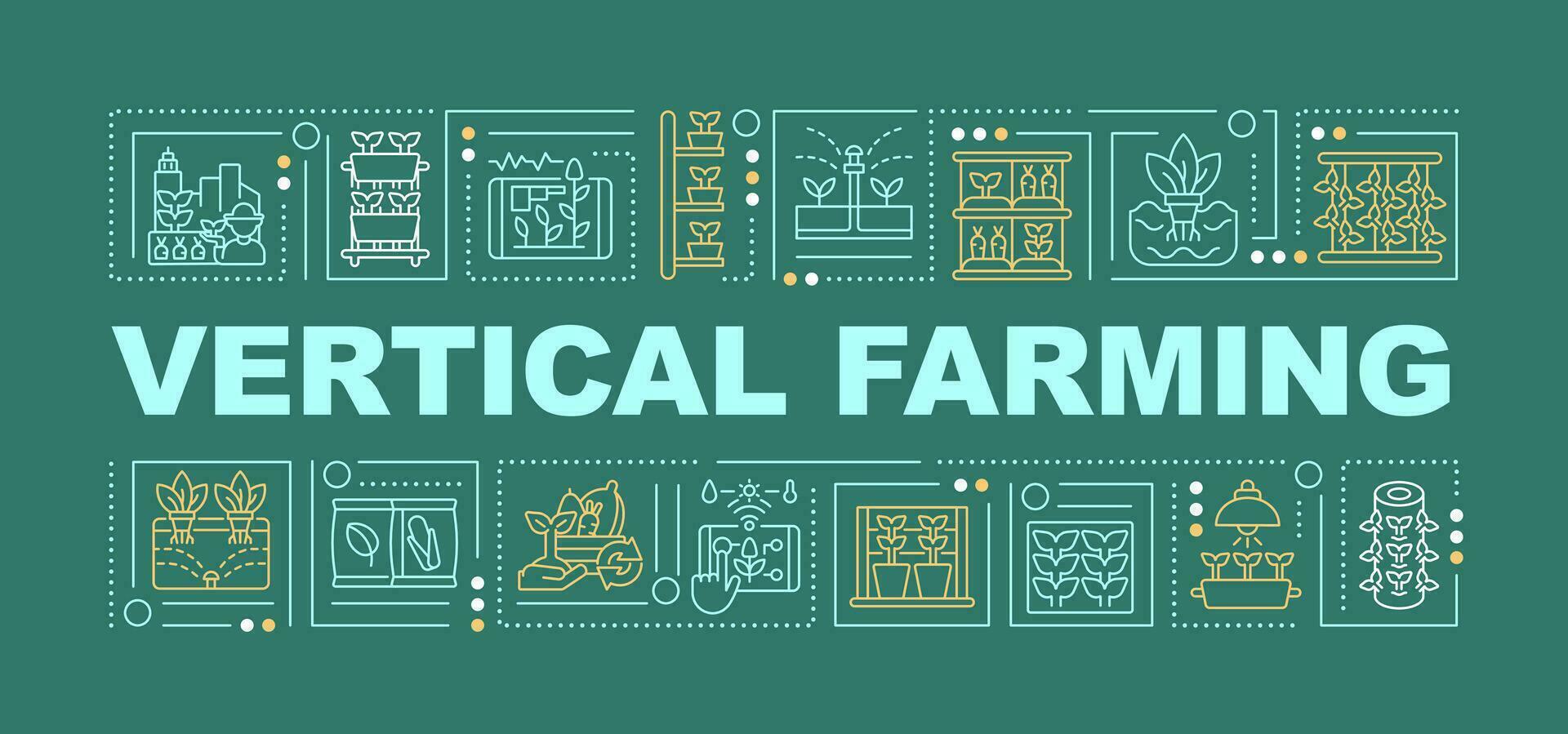Vertical farming text with various icons on dark green monochromatic background, 2D vector illustration.