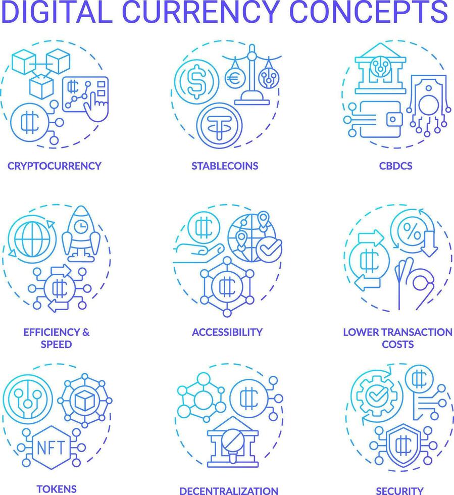 2D gradient icons set representing digital currency concepts, isolated vector, gradient thin line colorful illustration. vector