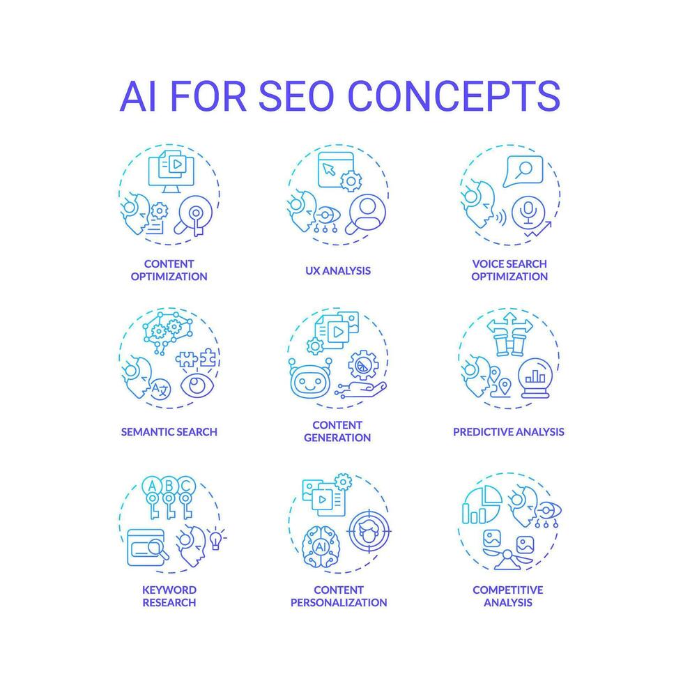 2D gradient icons set representing AI for SEO concepts, isolated vector, thin line colorful illustration. vector