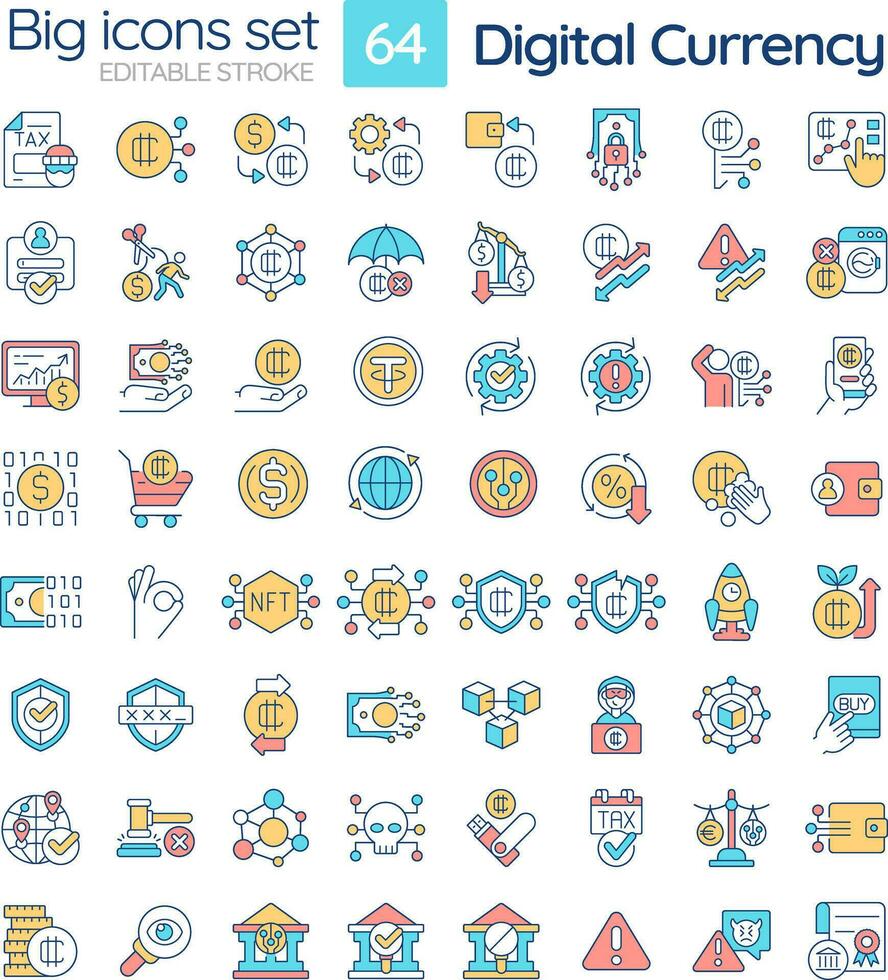 2D editable big line icons set representing digital currency, isolated vector, multicolor linear illustration. vector