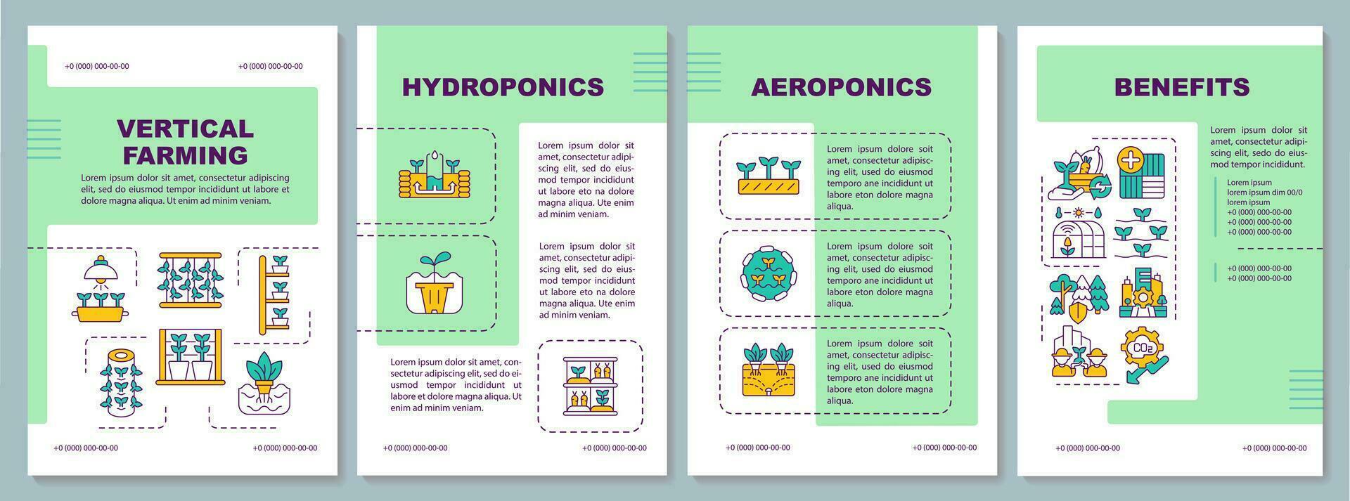 2d vertical agricultura verde folleto plantilla, folleto diseño con Delgado línea iconos 4 4 vector diseños representando tipos y beneficios.