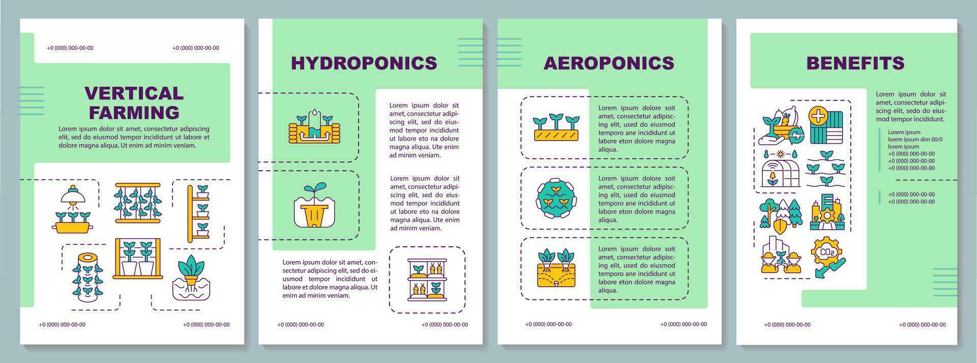 2D vertical farming green brochure template, leaflet design with thin line icons. 4 vector layouts representing types and benefits.