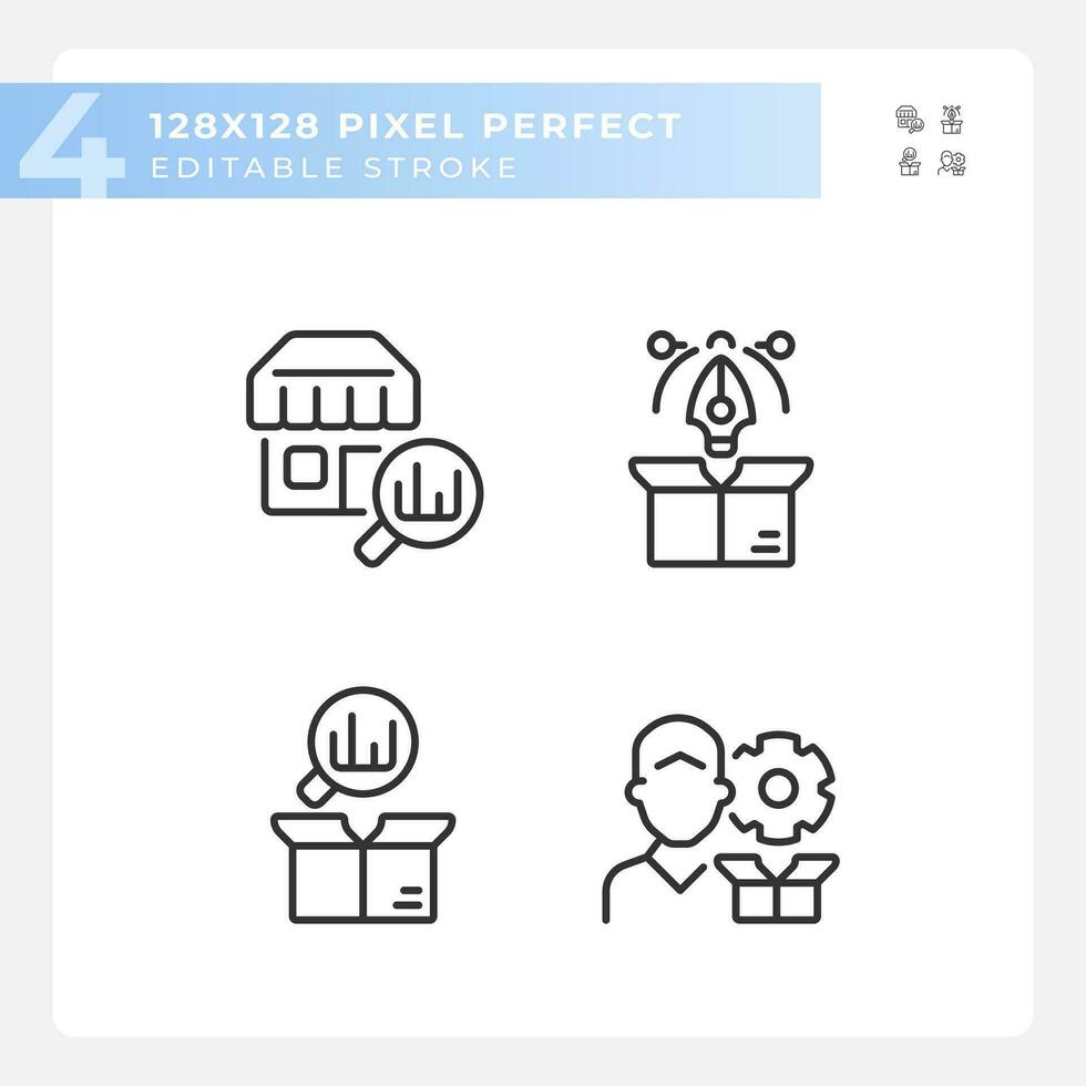 2D pixel perfect black icons set representing product management, editable thin line illustration. vector