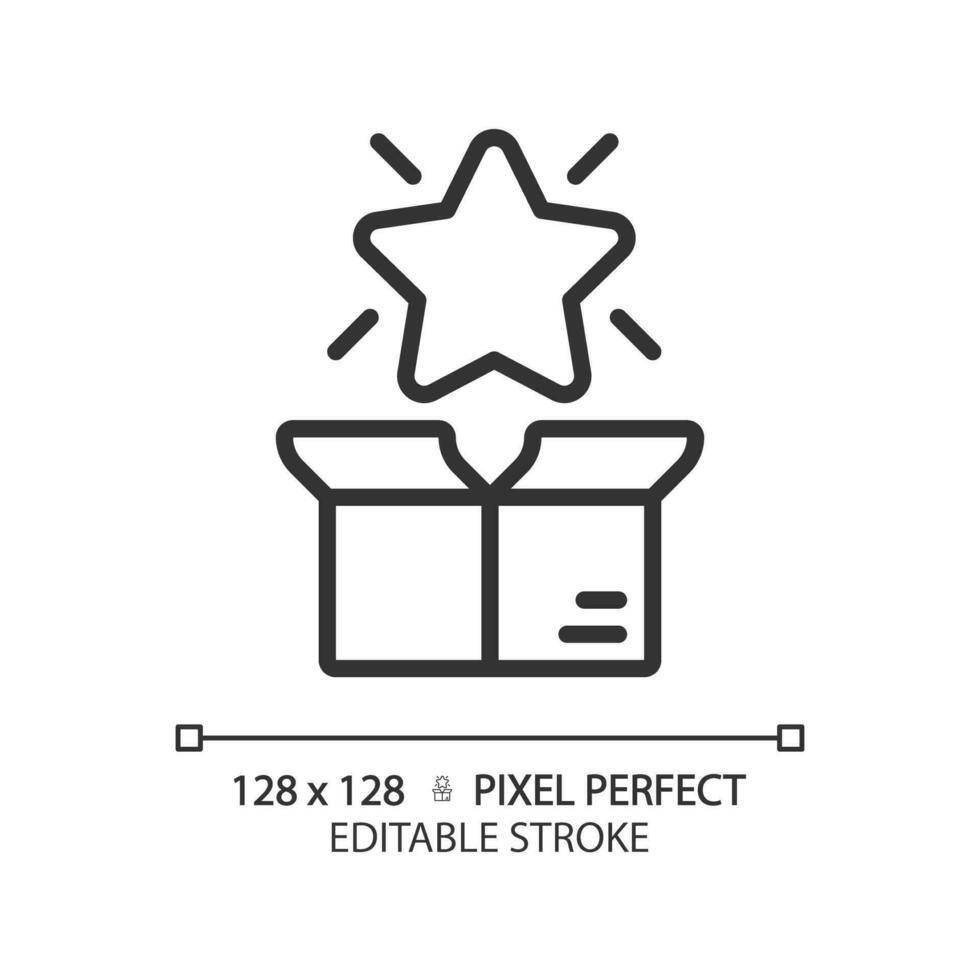 Pixel perfect editable black star over box icon, isolated vector, product management thin line illustration. vector