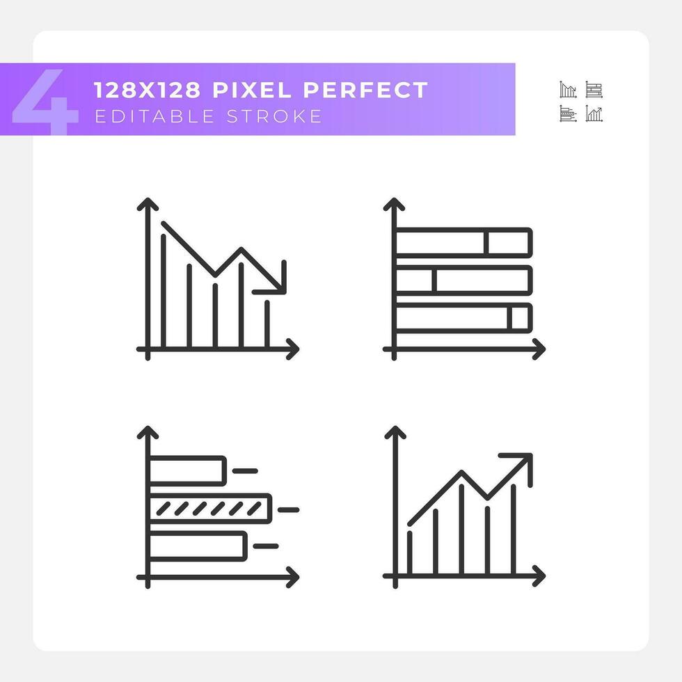 Business performance linear icons set. Economic research. Financial analysis. Data analytics. Chart and diagram. Customizable thin line symbols. Isolated vector outline illustrations. Editable stroke