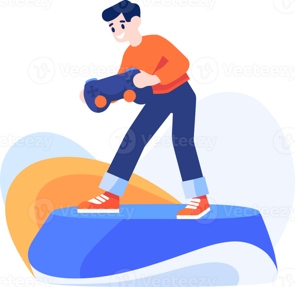 Hand Drawn child character playing game in flat style png