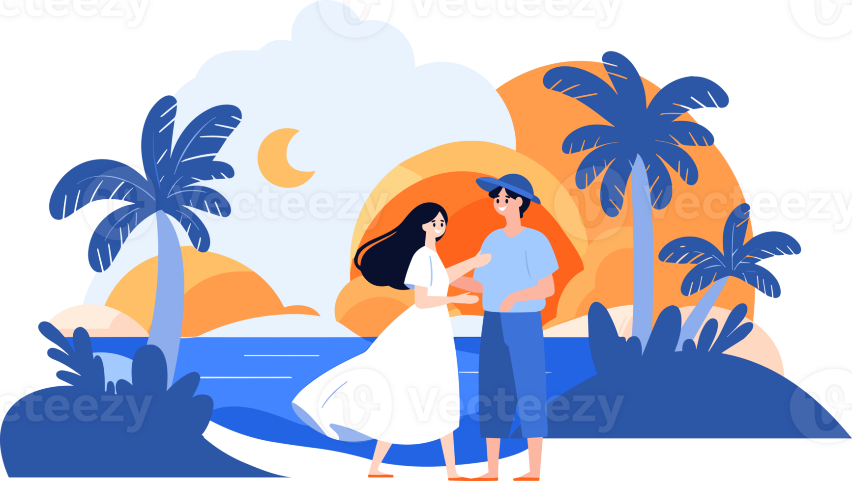 Hand Drawn Tourists relaxing by the sea on vacation in flat style png