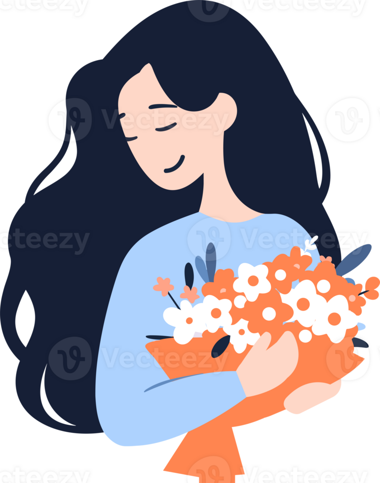 mano dibujado mujer con flores en el concepto de mujer día en plano estilo png