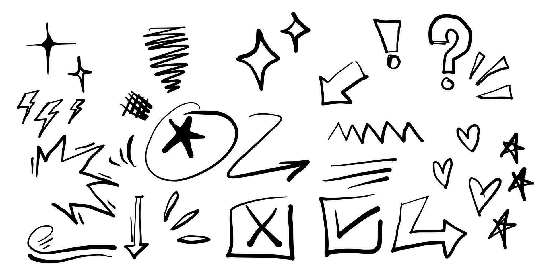 Hand drawn set of doodle emphasis elements. sparkling, flash, star, love, arrow. isolated on white background. vector illustration