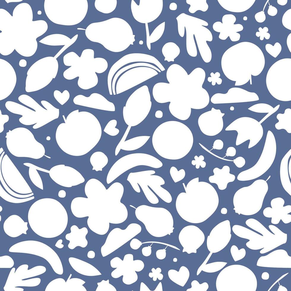 Simple seamless pattern with silhouettes, shapes of flowers, fruits, year. Abstract monochrome design. Vector graphics.